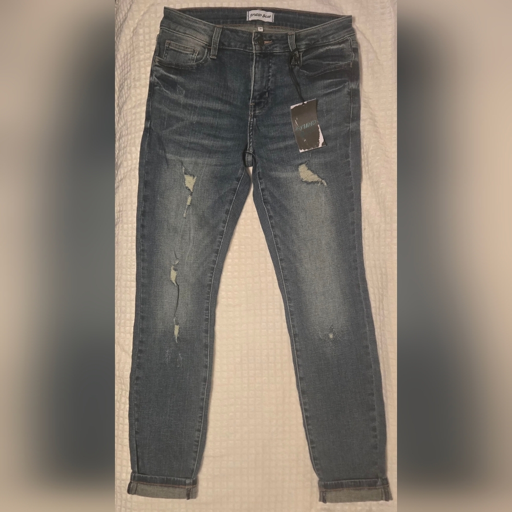 Studio Blue Womens Lightly Distressed Denim Stretch Blue Jeans Size 28 NWT